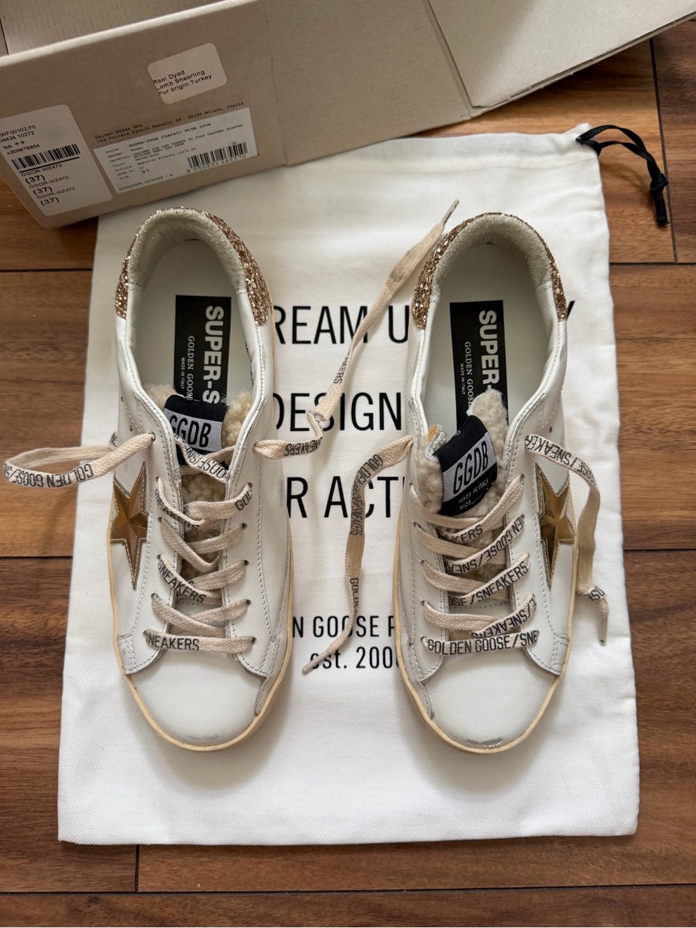 Golden Goose White Leather Sneakers with Gold Star & Glitter Heel